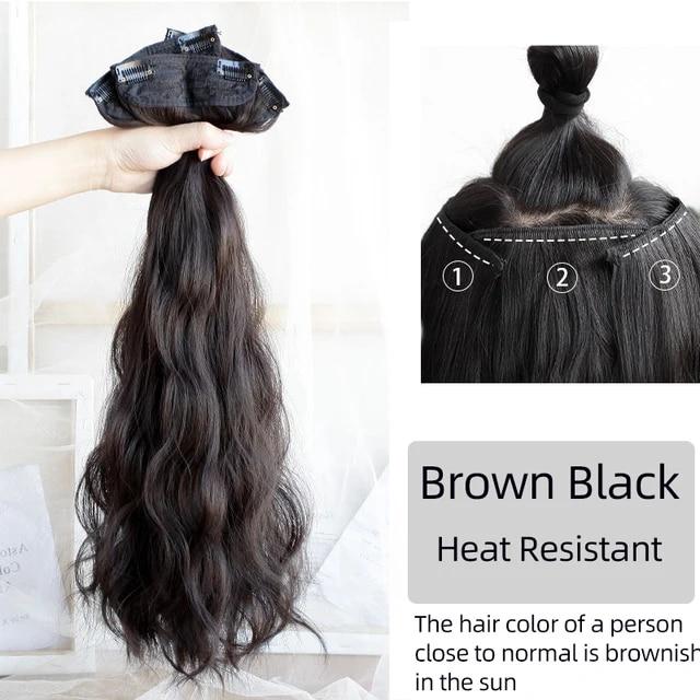 Extensii de păr sintetic, lung, drept, ondulat, ondulat, perucă falsă naturală, cu clipă pentru femeie, o singură bucată pentru femei