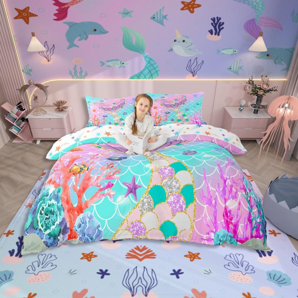 Homewish Juego de Funda Nórdica Princesa Sirena Soñadora Para Niños Juego de Cama Castillo de Cuento de Hadas Juego de Cama Reversible Escama de Pez Morada