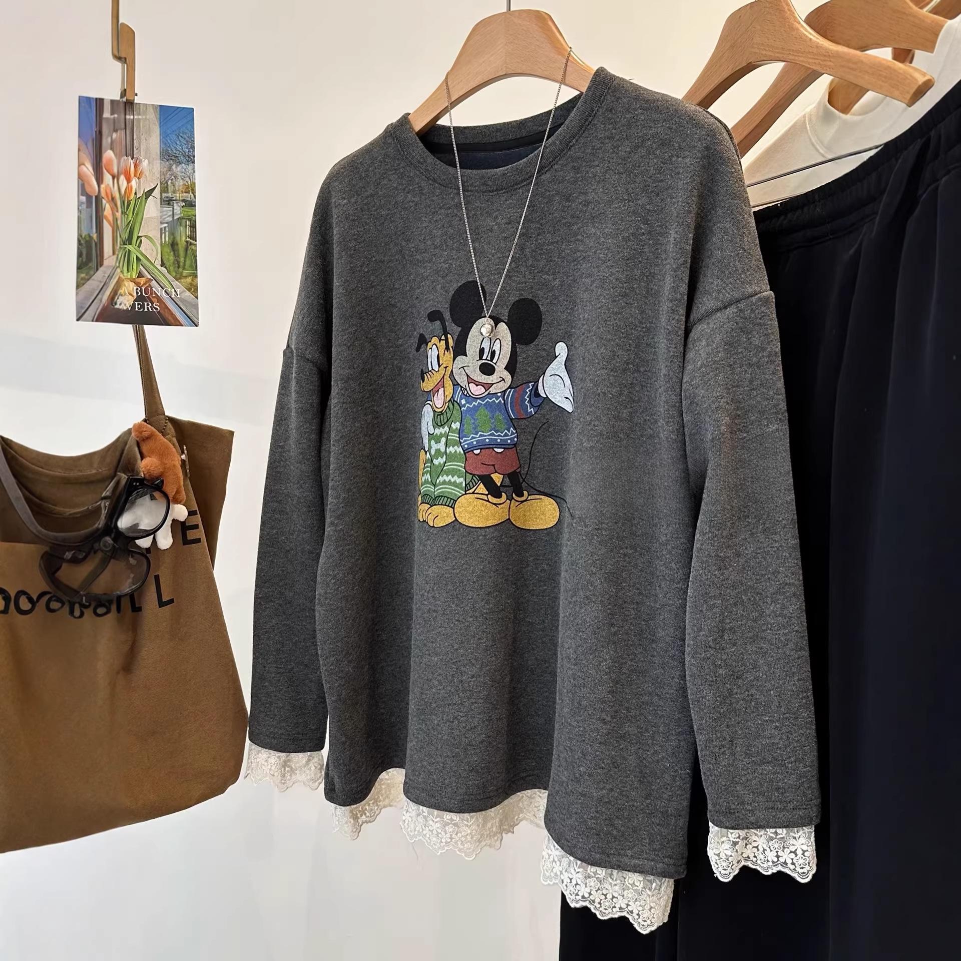 2026 Корейский мультяшный теплый лонгслив с кружевной отделкой - Свободный крой, Омолаживающий стиль XXL темно-серого