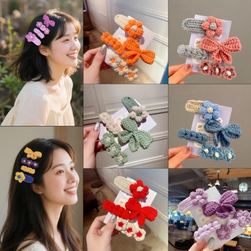 4Pcs Cute Knit Bb Hair Clips, Handmade Flower Border Clips,Bow Bang Clips For Kids,Suitable For Chrismas Festival Celebration