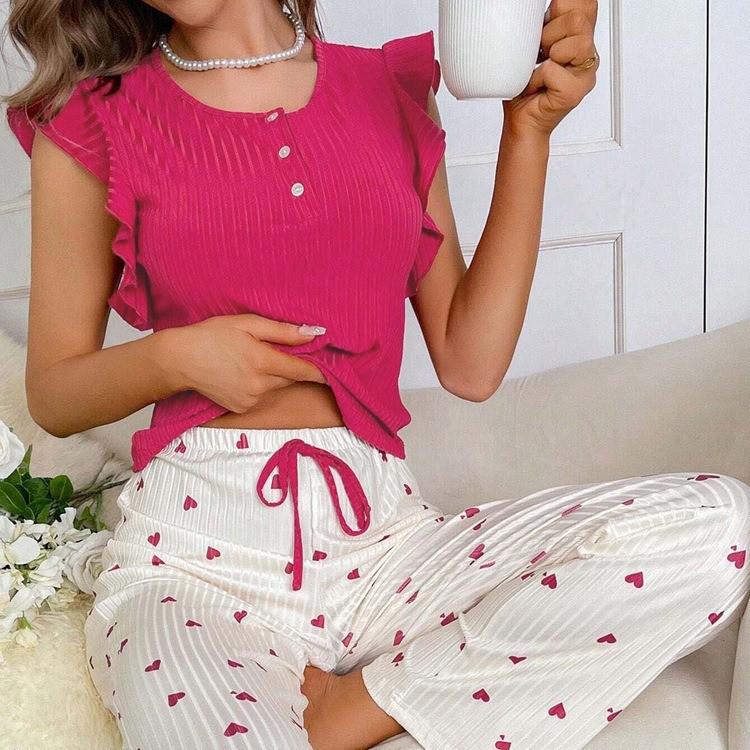 Heart Print Ruffle Casual Homewear Set – Women's Long Pants & Flying Sleeve Top, Wearable Outside, European American Style