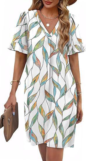Women's V-Neck Flared Sleeve Medium and Long Pocket Short Sleeve Dress