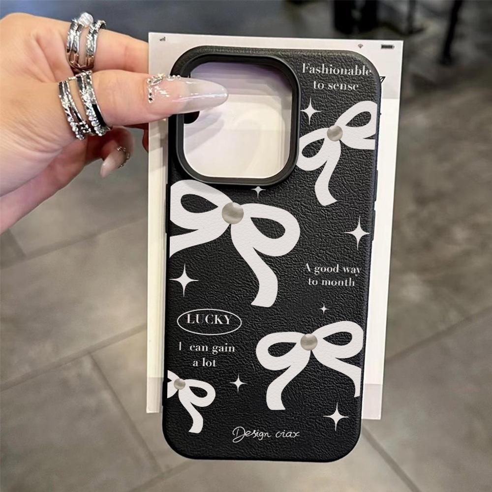 White English bow for iPhone17 ProMax leather pattern mobile phone protective case 17 large holes 16 simple