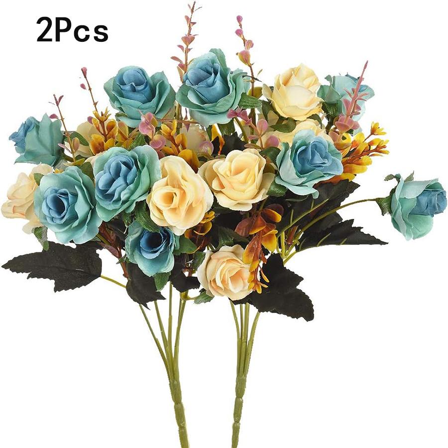 

2Pcs 24 Heads Faux Rose Flowers Artificial Roses Small Roses Silk Flowers Bouquet for Home Room Office Centerpiece Outdoor Decor 2Pcs синий