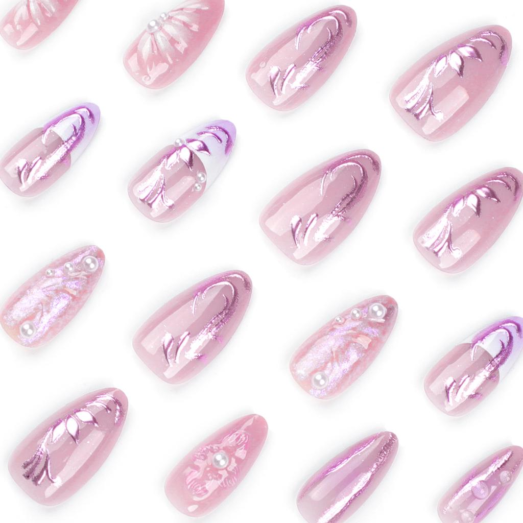 24 Pieces Handmade Magic Mirror Powder 3D Three-dimensional Manicure Fake Nail Flower Pearl Wearing Nail Piece Bubble Bead Wearing Nail