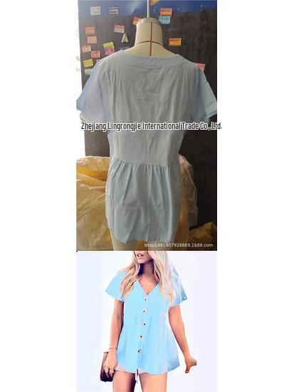 European Summer Women's V-neck Cotton Linen Shirt Dress - Short Sleeve, Pleated, Solid Color Beach Cover-up