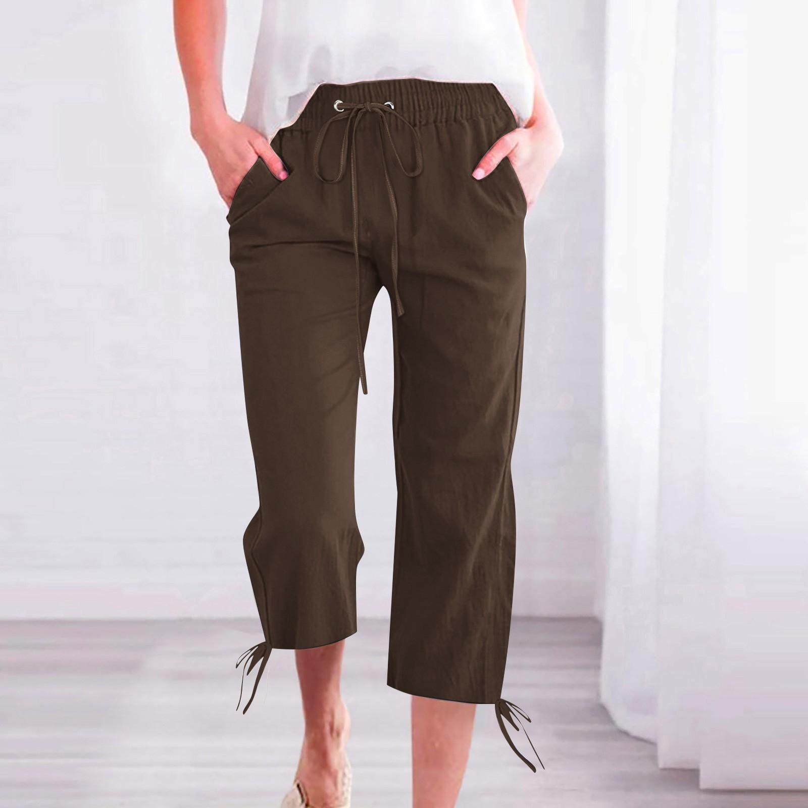 

Women s Fashion Solid Color Elastic Waisted Drawstring Pocket Casual Pencil Pants S кофейный