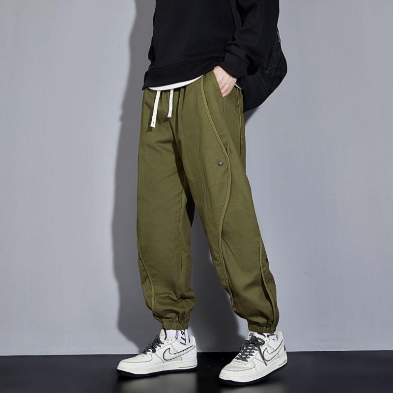 Large size casual pants, multi-pocket splicing button elastic overalls, men's tied-leg trousers