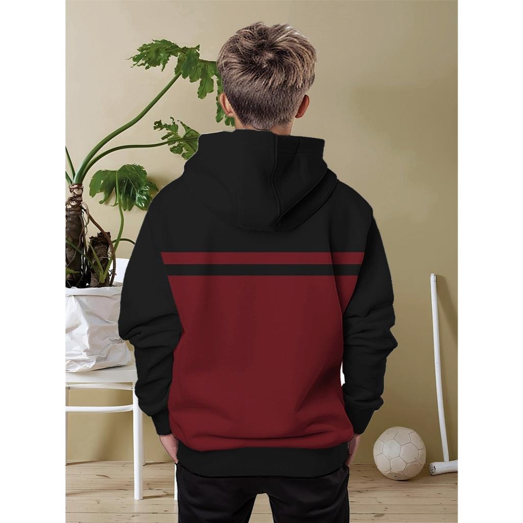 Black and Red Contrasting Minimalist Striped Design Hoodie for All Seasons Comfort, Machine Washable Casual Pullover