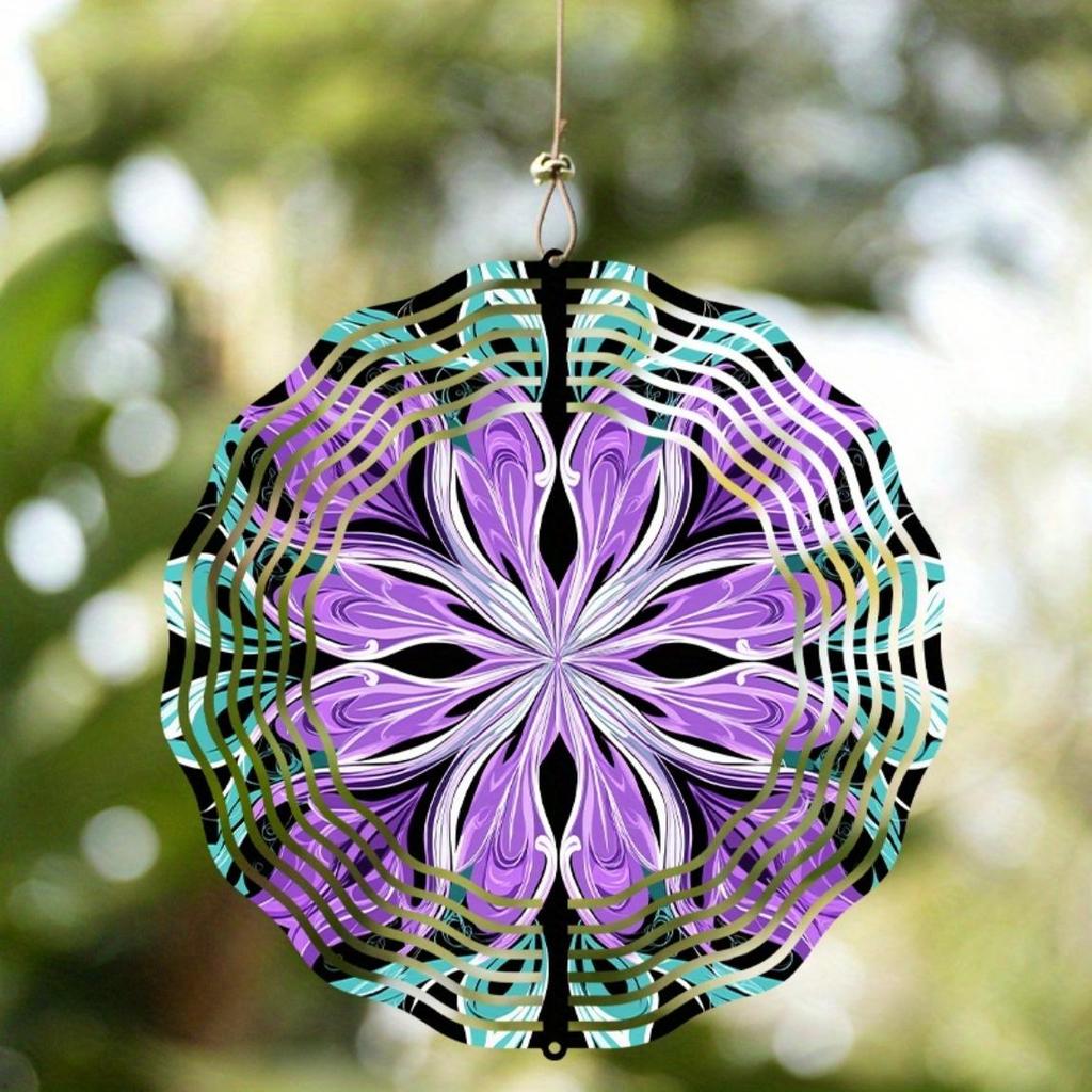 10 Inch Bohemian Wind Chime Vibrant Purple Black Floral Design Metal Garden Decor 360 Degree Hanging Hook Perfect Gift for Spring Summer