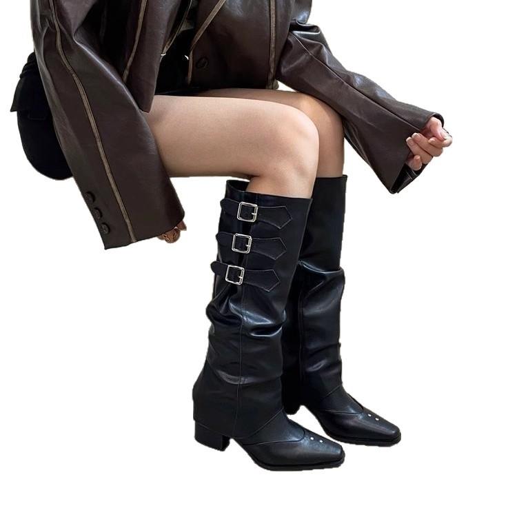 The boot can be removed~ two wear thick heel high boots women's French square head belt buckle trouser tube boots slim retro boots