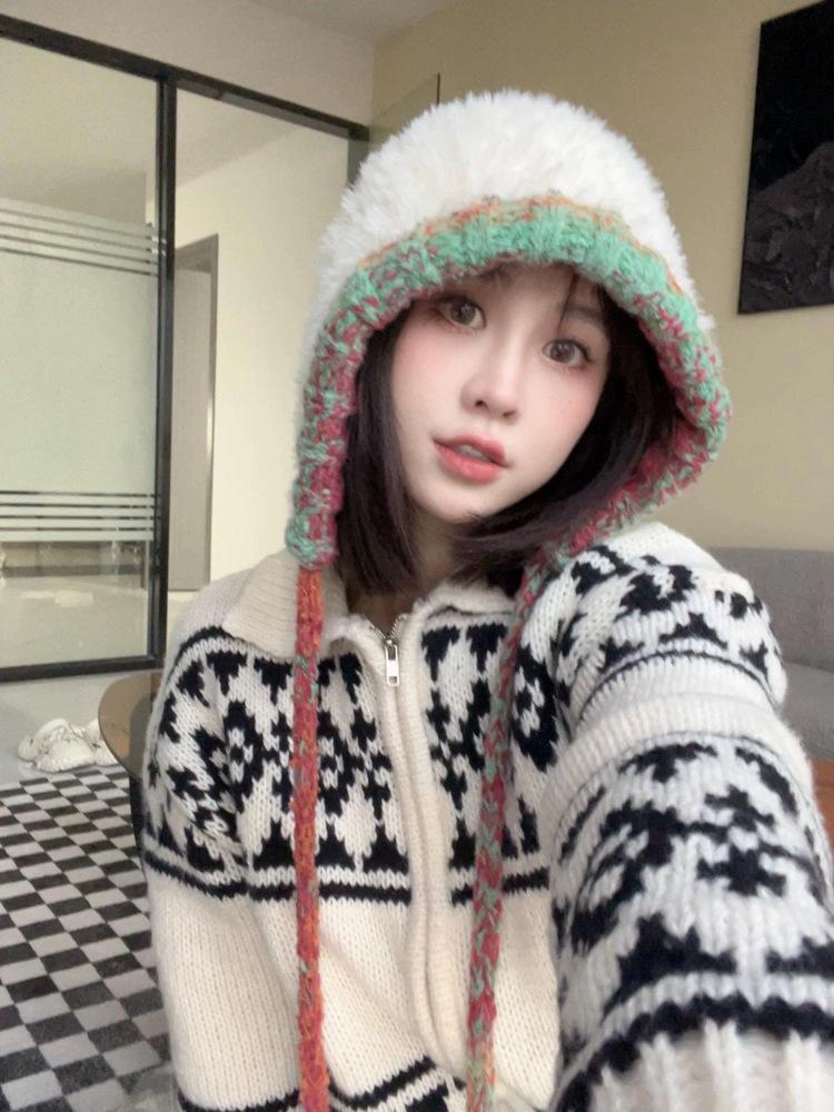 Autumn and Winter New Plush Ear Protection Bag Head Hat Women's Warm Versatile Wool Knitted Hat Mixed Color Drawstring