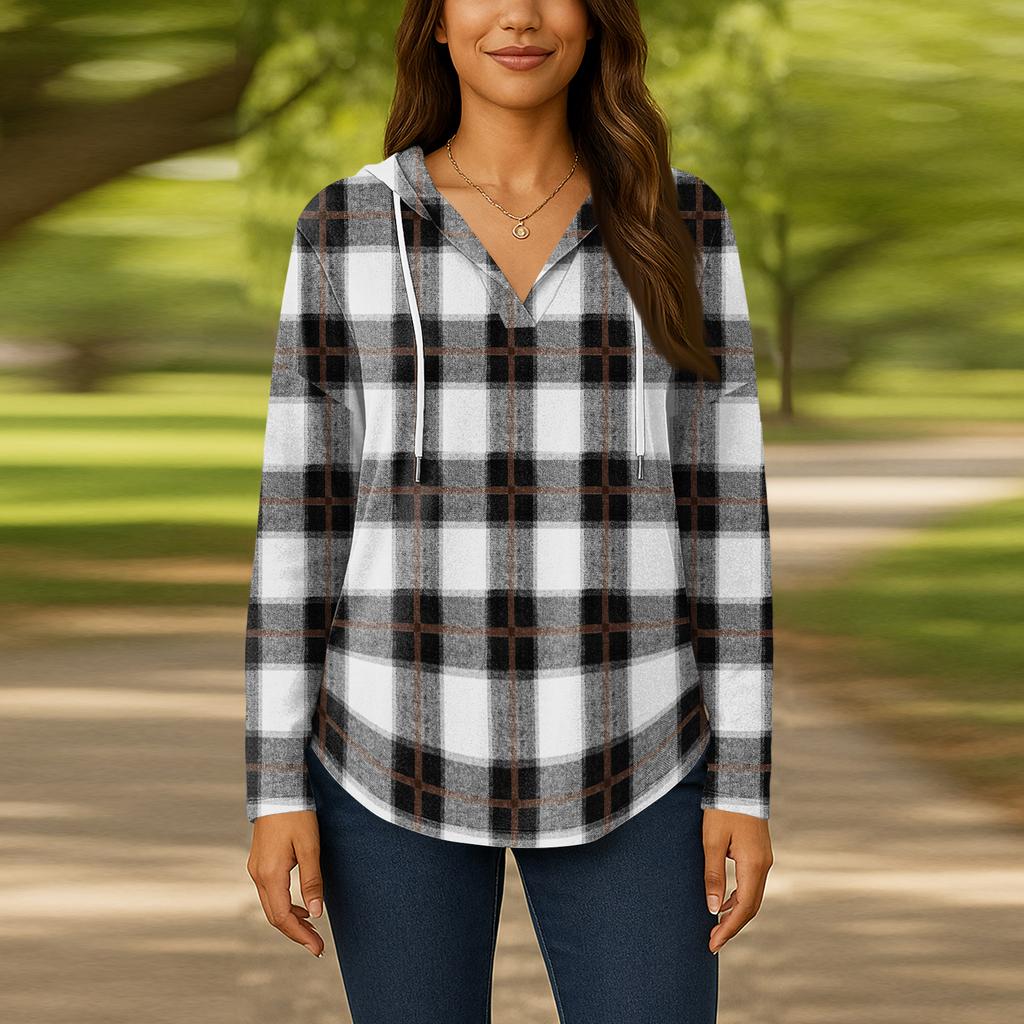 Damenmode Kapuzenpullover V-Ausschnitt Langarm Geblümter Kordelzug Lässig Locker Pullover Tops