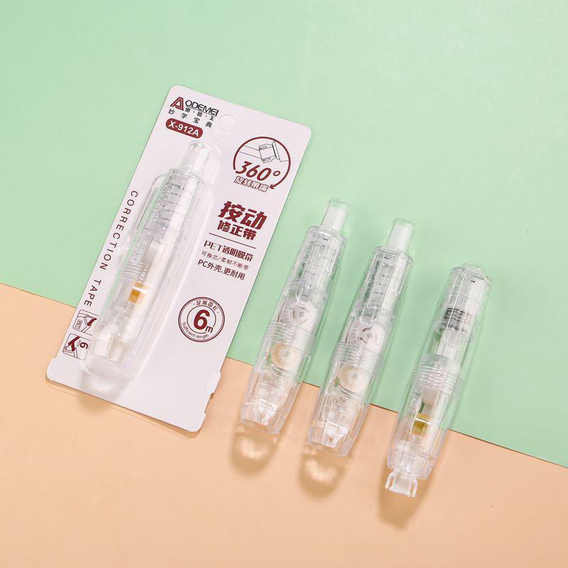 Rotating Press-Activated Correction Tape with Transparent Film Tip and Replaceable Core