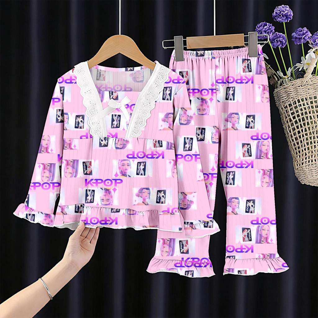 Kids' and Women's Spring Autumn Cartoon Pajama Set - Long Sleeve, Long Pants, KPOP Square Neck Homewear for Middle Large Child Girls