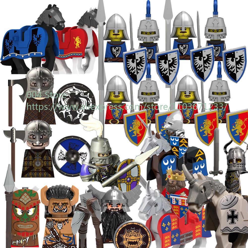 N501U-504U Medieval Castle Knight Building Blocks Figures Four Side UV Printing King Warhorse Weapons Accessories Toys Kid Gifts