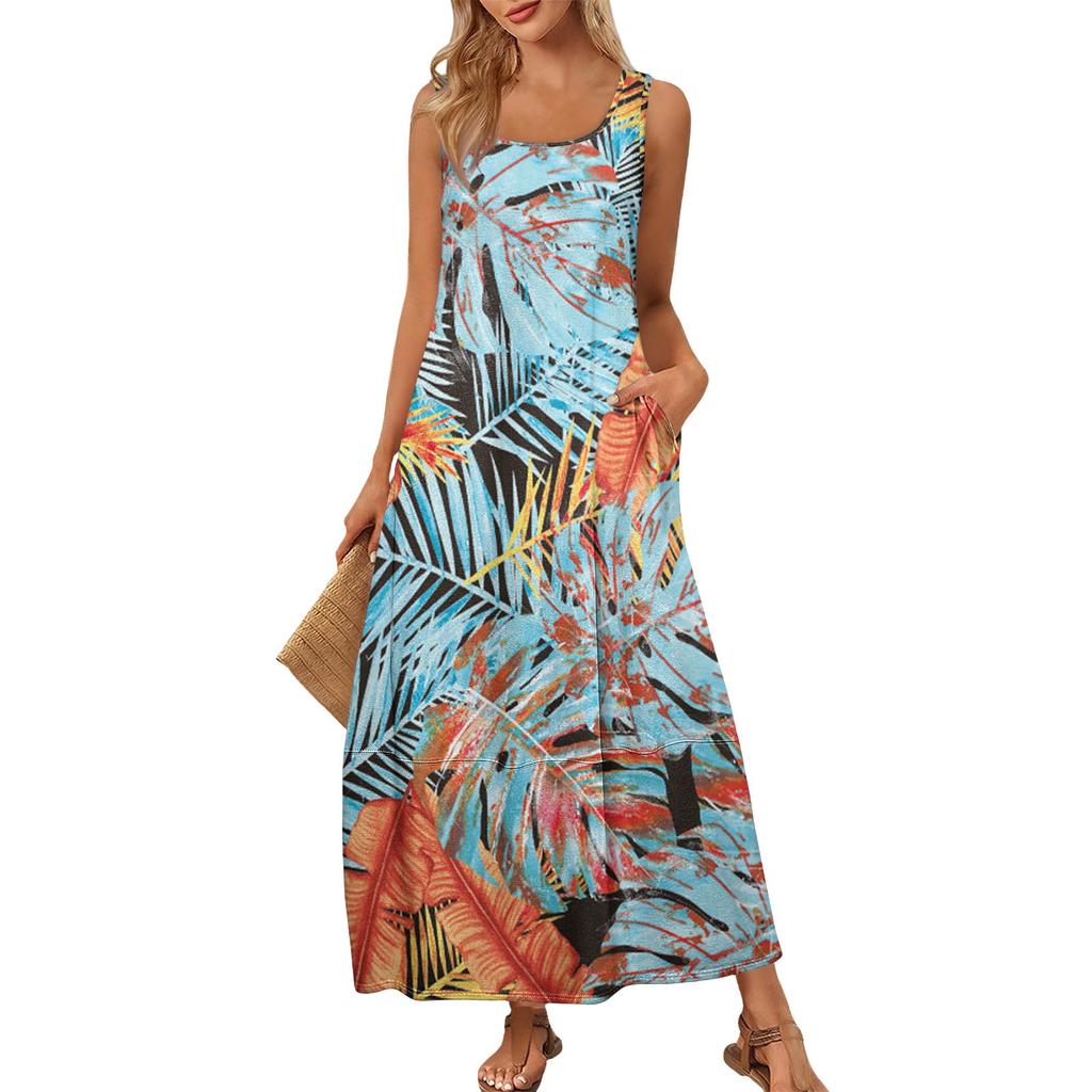 Damen Sommer Mode Rundhals Ärmellos Strandkleid Kleider mit Blumendruck