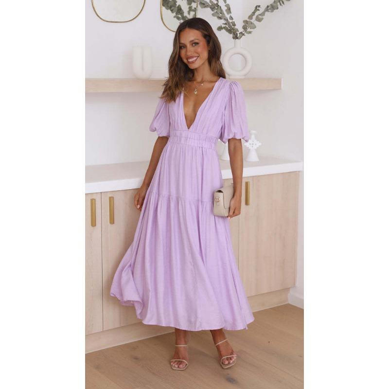2025 Summer Deep V-neck Puff Short Sleeve Fashion Women Dress New Elegant Solid Color Loose Party Medium and Long Dress Women Slim Fit Women Clothing