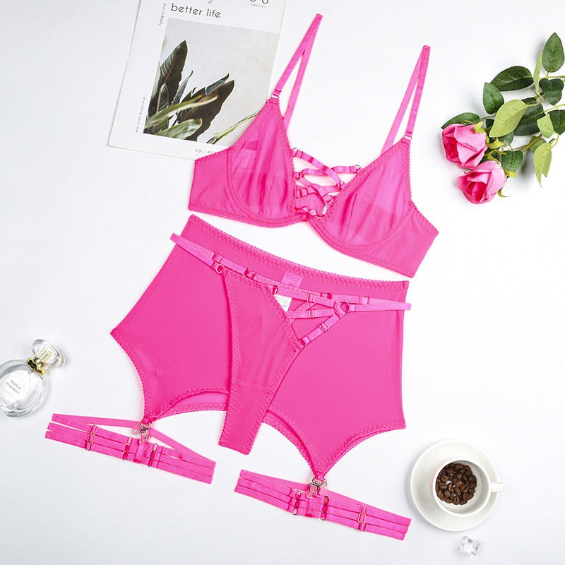 Cross Hollow Straps  Perspective Mesh Gathering Fun Lingerie Four Piece Set Other Women's Underwear