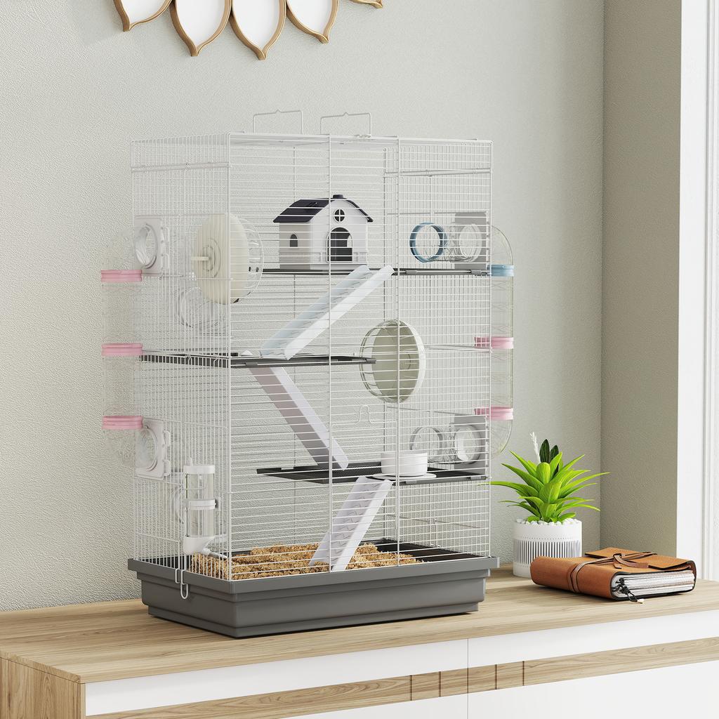 Hamster Cage With Tunnel Platforms Bowl Drinker House Ramps And Exercise Wheel 47x30x70 Cm Gray