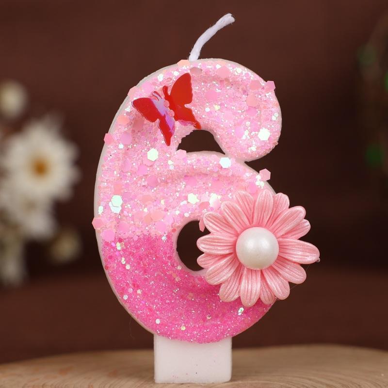 Sequin Pink Flower Butterfly Numbers Birthday Candle Cake Party Decoration One Year Old Handmade Candles 0-9