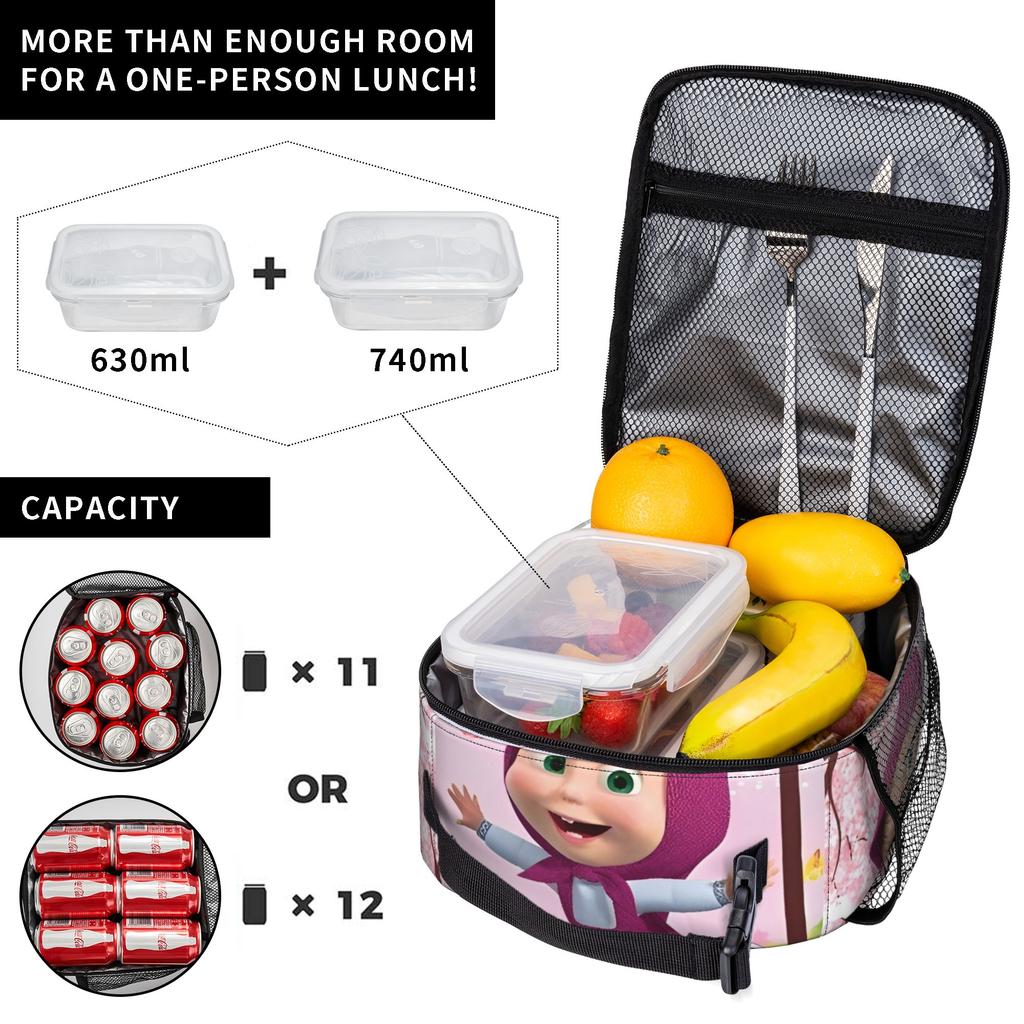 Kawaii M-Masha and Bear Insulated Lunch Bag Portable Lunch Container Thermal Bag Tote Lunch Box Work Travel Men Women