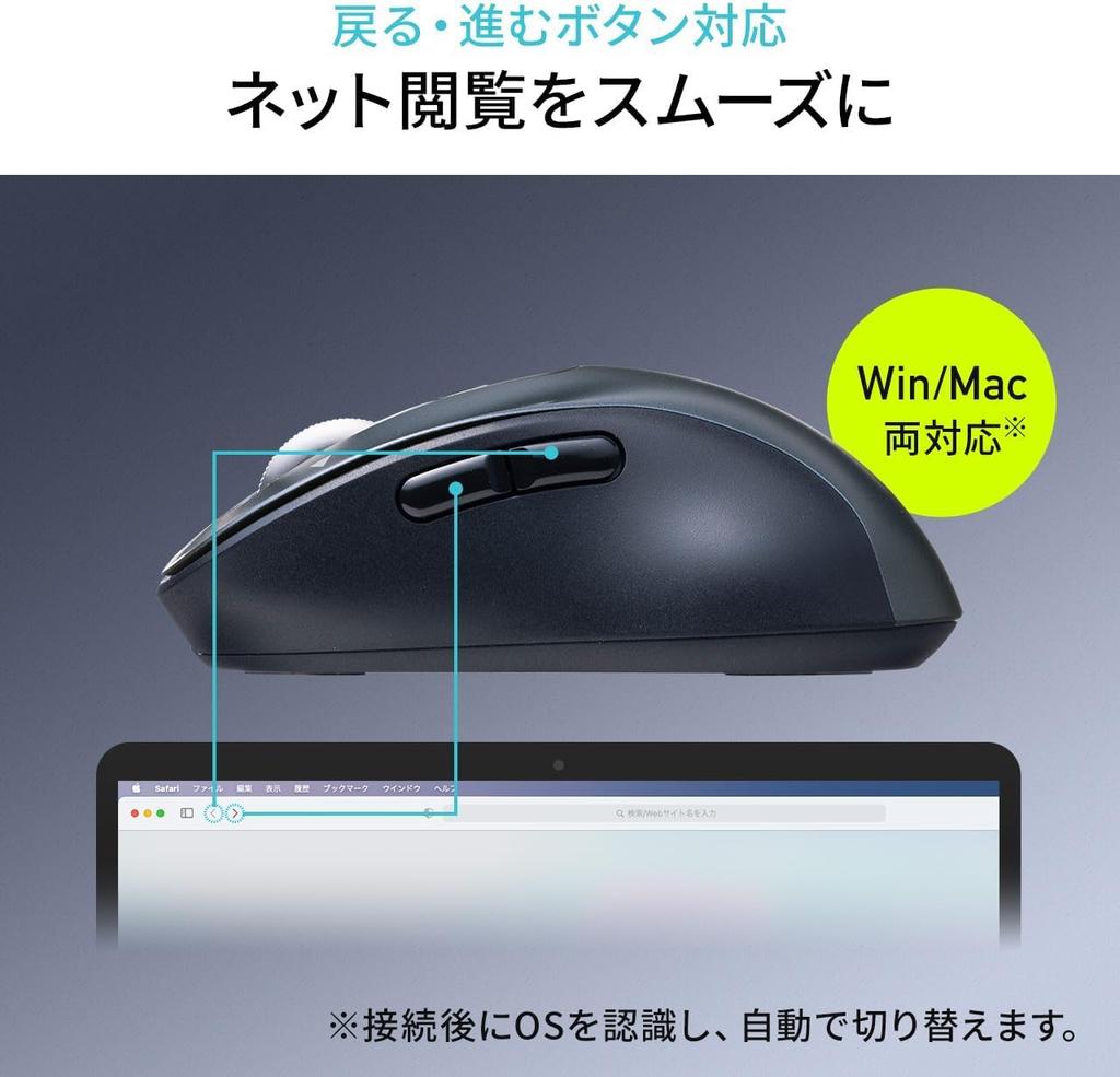 Sanwa Direct Horizontale Bluetooth 5 OS-Maus, Scrollen, High-Speed-Scrollen, Leise, Kabellos, Multi-Pairing, Wiederaufladbar, Tasten, Zurück/Vorwärts