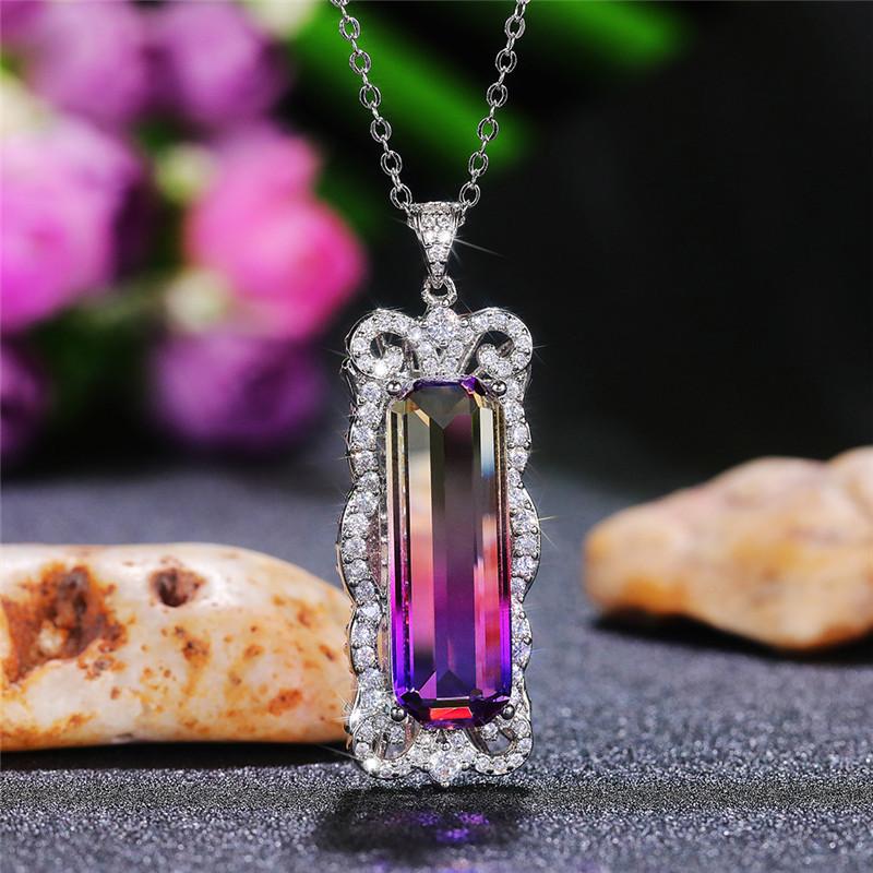 Silver Plated Baguette Cut Gradient CZ Pendant Necklace, Ornate Scrollwork Frame Cable Chain Necklace for Women