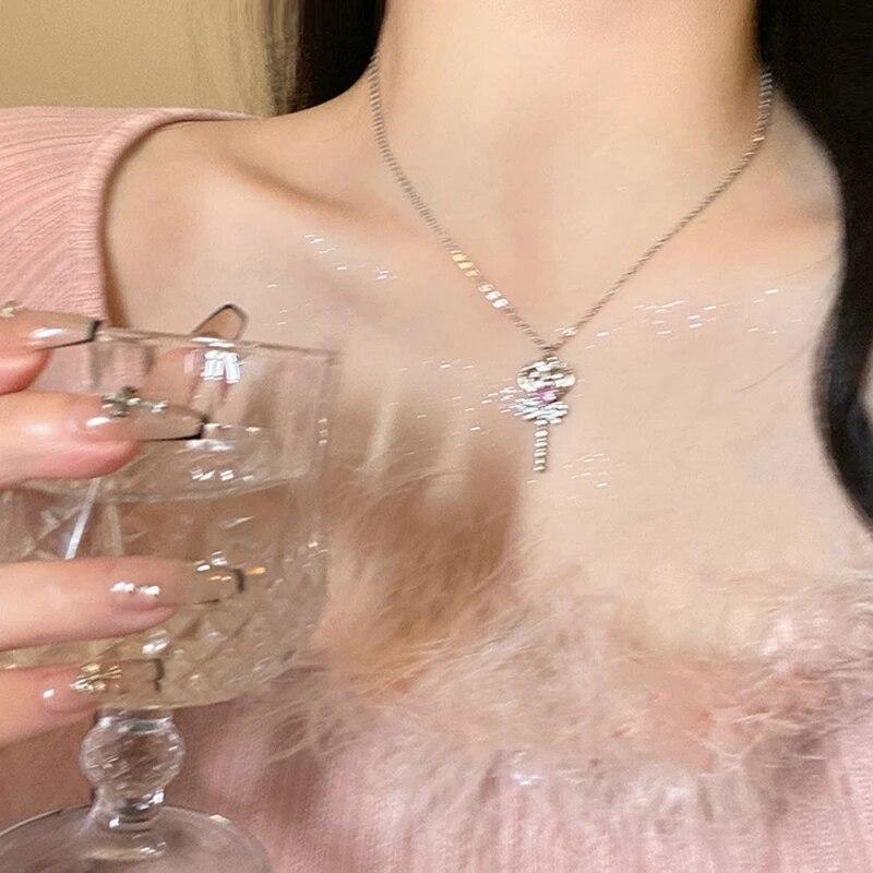 2023 Crystal Zircon Bow Knot Heart Pendant Necklaces Y2K Pink Heart Ladies Girls Fashion Elegant Clavicle Chain Women Jewelry