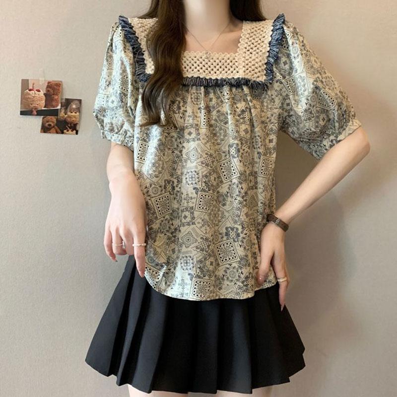 Retro Floral Lace Square Collar Short-sleeved Shirt for Women's Summer Doll Shirt Top