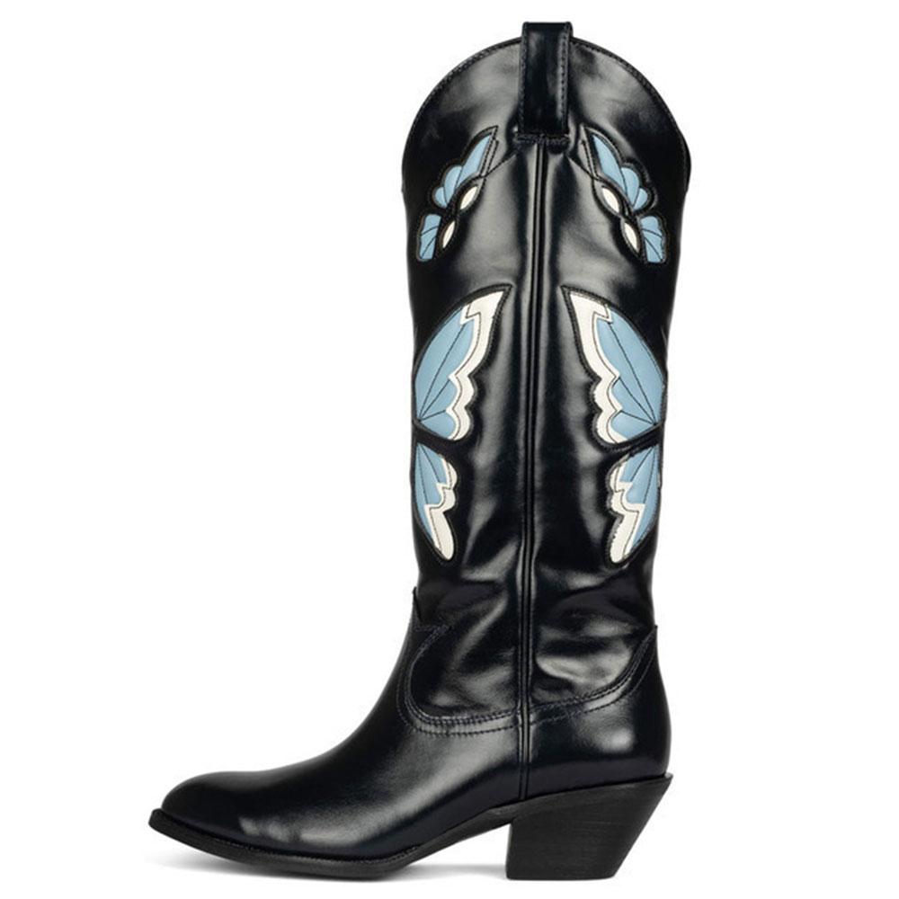 Fashion 2025 Brand New Big size 43 Red Butterfly Cowboy Boots for Women Black Vintage Slip On Cowgirls Knee High Boots Shoes