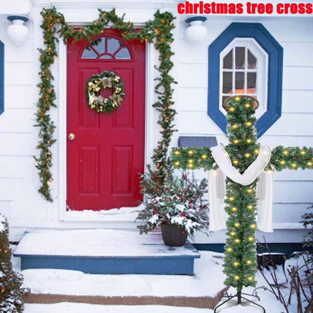 A Cross-shaped Christmas Tree With Lights, Pre-lit, Elongated, Pencil-shaped Artificial Tree, Complete With A Scarf And Christ Crown, Suitable For