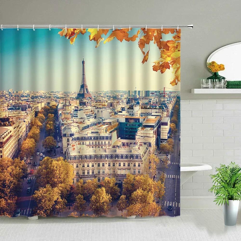 London Big Ben Shower Curtain European Style Red Tram Telephone Hall Scenery Old Newspaper Bath Screen Bathroom Curtain Box