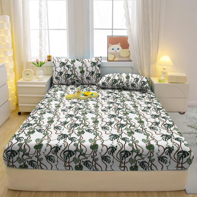 1 Simple Modern Plant Flower Printed Matte Fitted Sheet, Bedroom Printed Bed Cover, Bedding (Excluding Pillowcases)