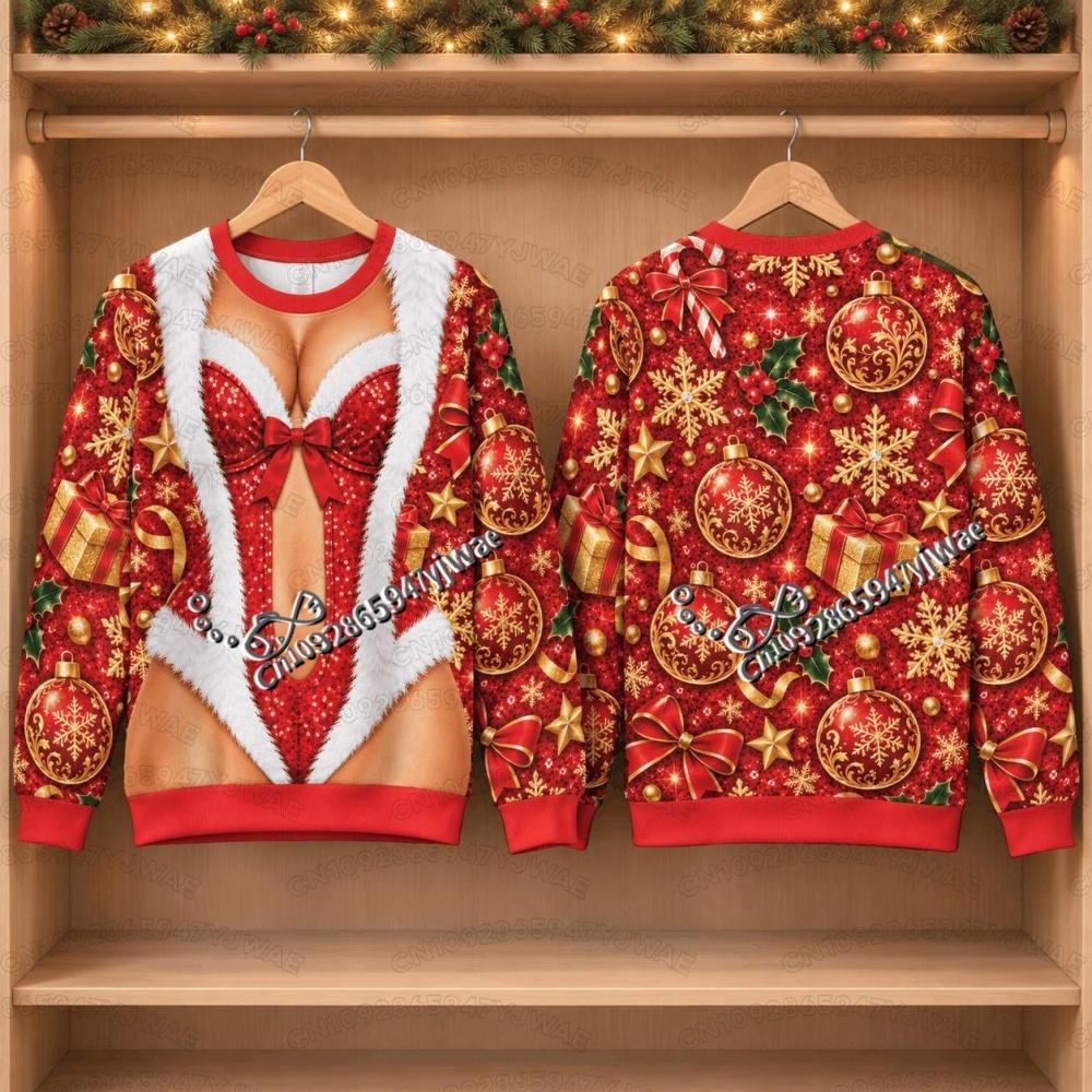 2026 Winter Men and Women's Funny Christmas Ugly Couples Party Santa Body Adult Round Neck Hoodie Men Women Cosplay Sweatshirt