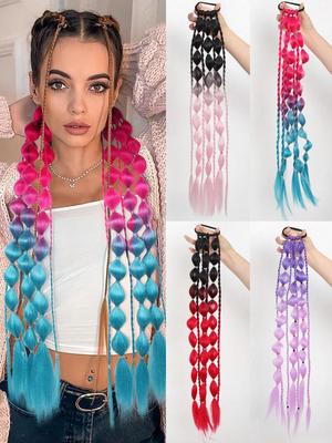Hair Extensions 24inch Long Straight Hair Natural Black To Pink Multicolor Gradation Lantern Bubble Braid Plait Ponytail Wig With Rubber Band