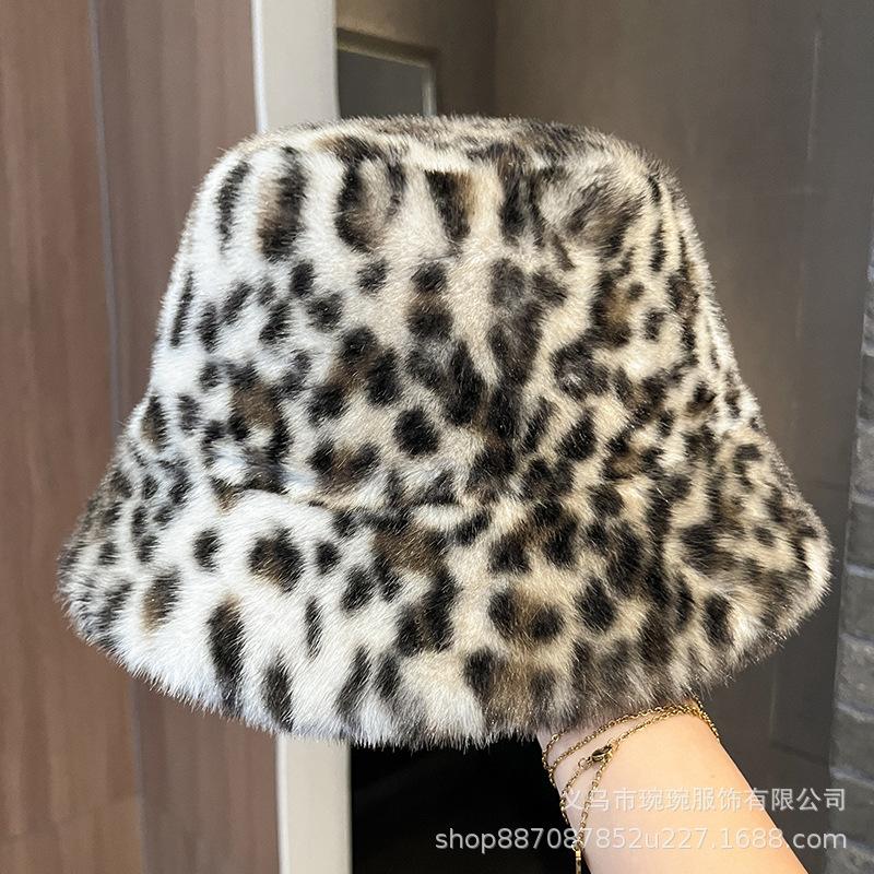 Leopard print winter thickened fluffy basin hat warm women's autumn and winter fashion versatile leopard print imperial sister plush bucket hat