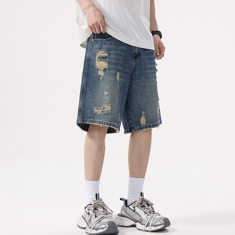 Retro Old Washing Ripped Denim Shorts Men's Summer Five-point Straight Pants