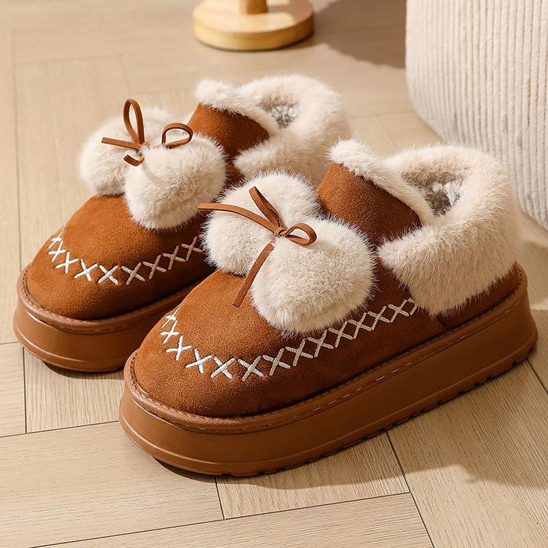 Slippers winter outer wear bag heel thick-soled indoor bow, cotton shoes winter velvet warm low-top cotton slippers women