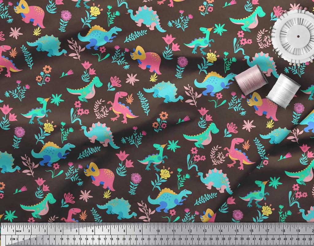 Soimoi Black Japan Crepe Satin Fabric Aster Flower & Dinosaur Kids Print Fabric by Metre 42 Inch
