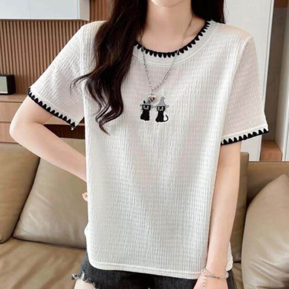 Navava Women S CaT Embroidery Colorblock Round Neck ShorT Sleeve T ShirT nT3327