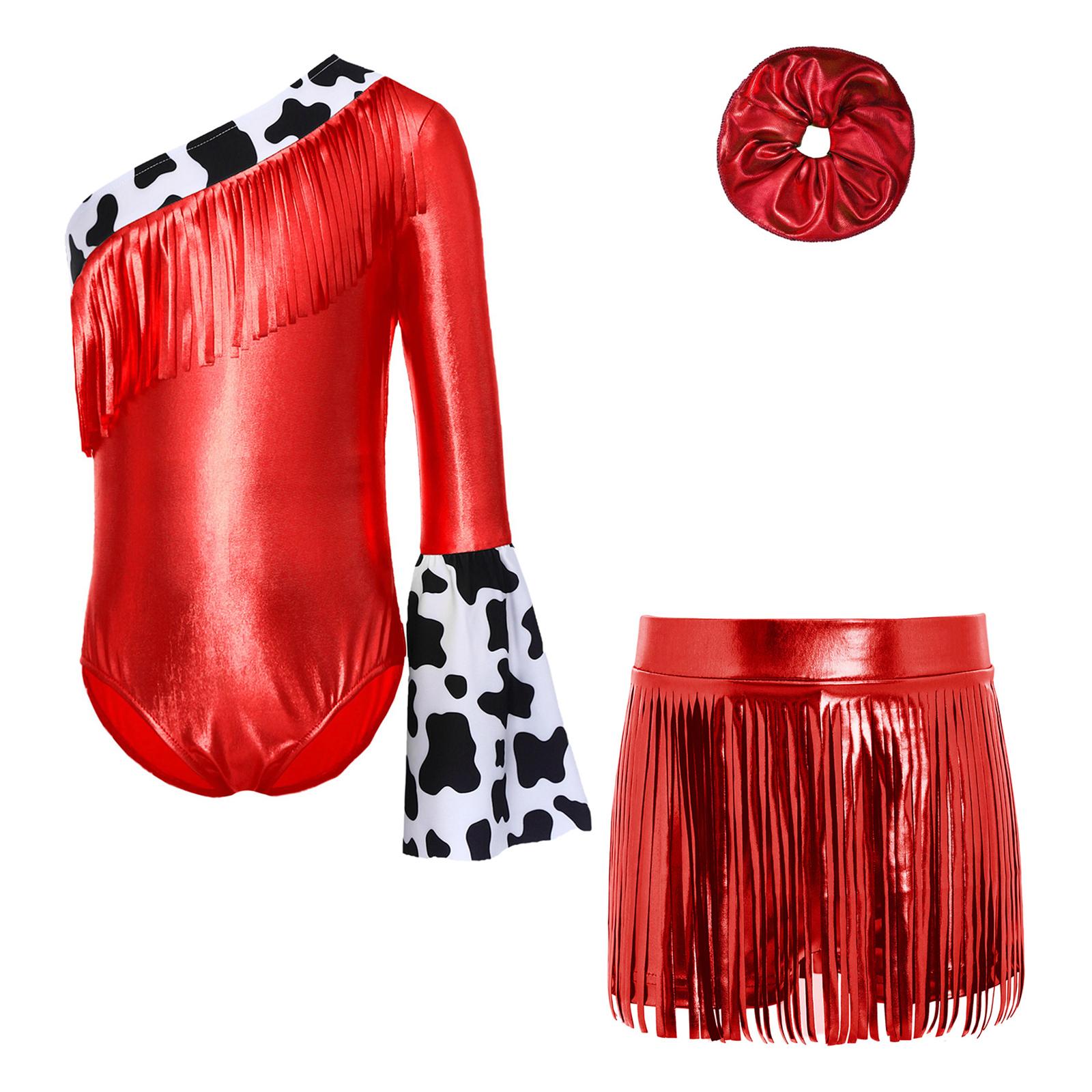 

Girls Western Cowgirl Costume 3 Pieces Long Flare Sleeve Fringed Metallic Patchwork Leotard Metallic Tassels Shorts Hair Tie 5-6 Years червоний