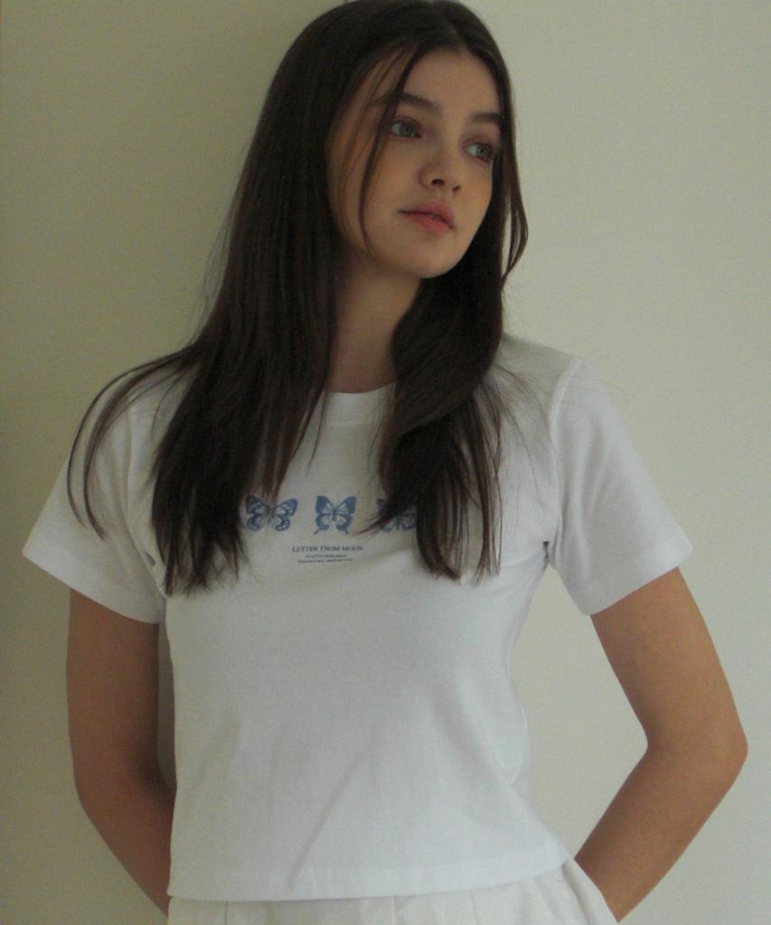 LETTER FROM MOON Triple Butterfly Embroidery Short Sleeve T-Shirt (White & Blue)