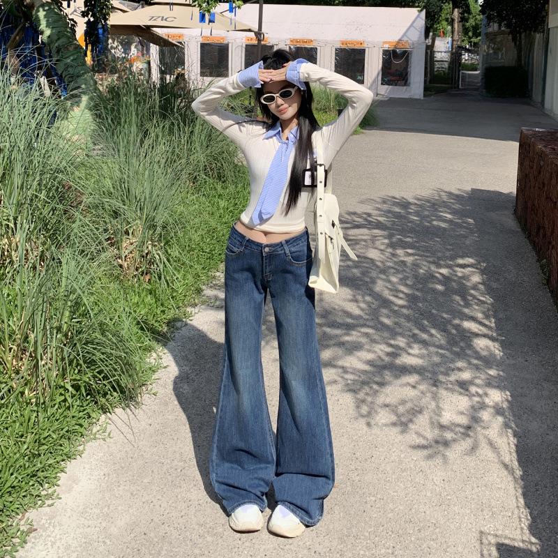 Women s Retro Blue and Gray Low-Waist Flared Jeans, Spring 2026 Collection - Stretch, Slimming, Lengthening Style Small