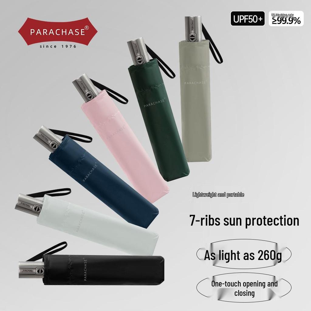 PARACHASE Ultralight 7-Rib Automatic Umbrella with 30D Black Coating for UV Sun Protection