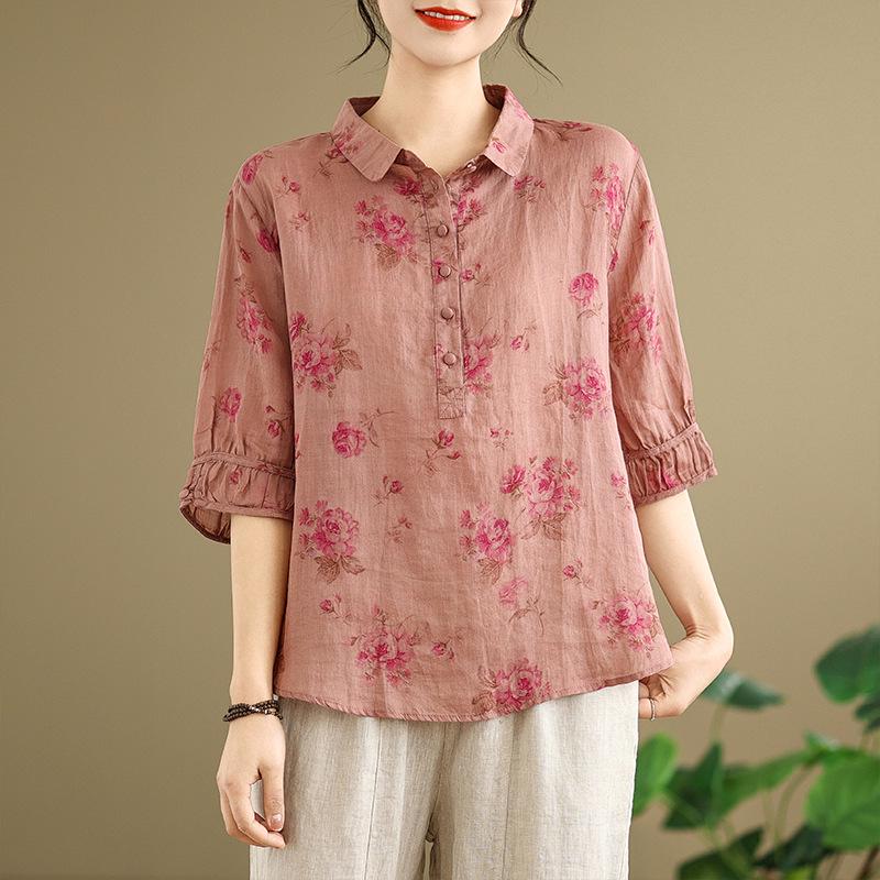 2025 Korean Style Plus Size Slimming Retro Shirt & Casual Cotton-Linen Pants Set for Women