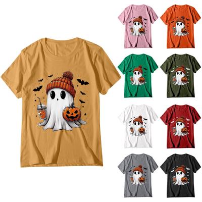Women's Halloween Ghost Print Short Sleeve Loose Round Neck Pullover Top