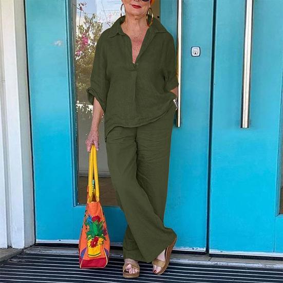 2Pcs/Set Classic 3/4 Sleeve Anti-pilling Casual Outfit Women Shirt Top Loose Long Pants Set Daily Garment