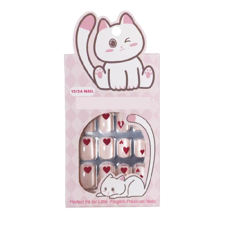 24Pcs Heart Pattern Short Square Press On Nail Fashion Cats Eye False Nail Suitable For Adults And Children