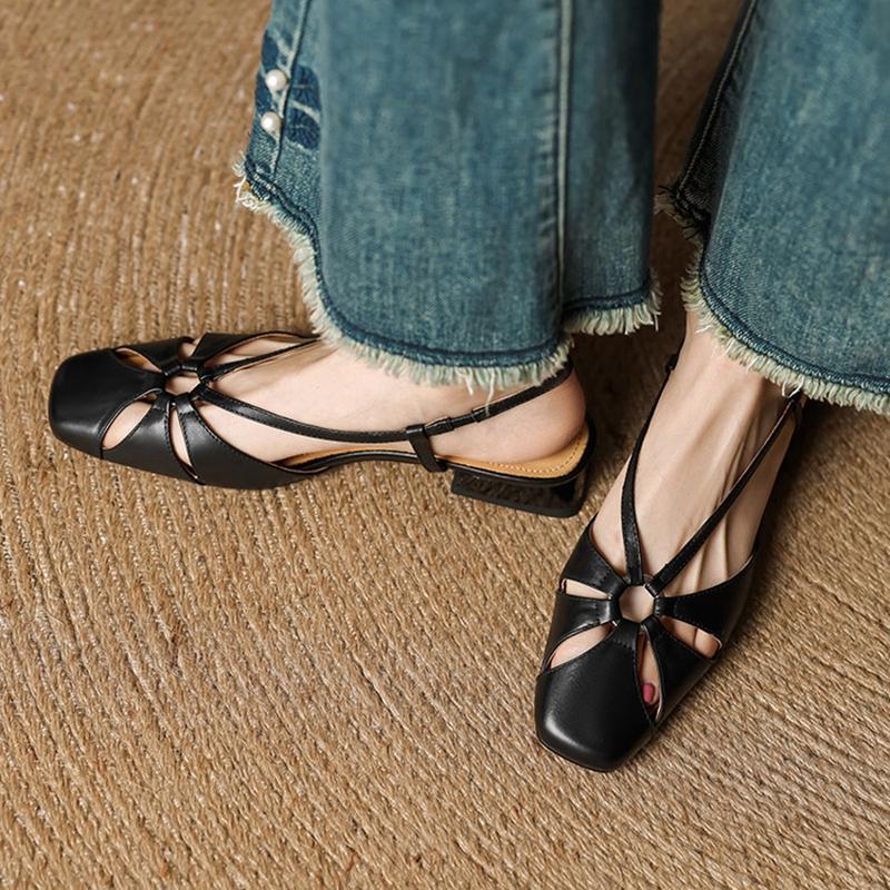 Fashion NEW Summer Women Sandals Genuine Leather Shoes for Women Round Toe Low Heel Shoes Cover Toe Slingback Shoes Narrow Band Sandals